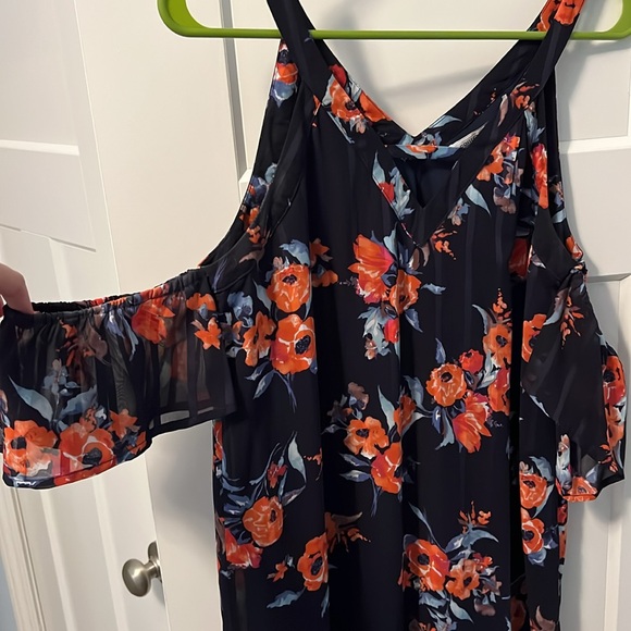 Sheer lined floral navy dress with cutoff sleeves - Picture 3 of 5